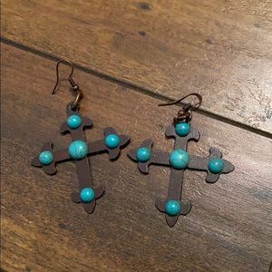Pink Panche turquoise cross earrings